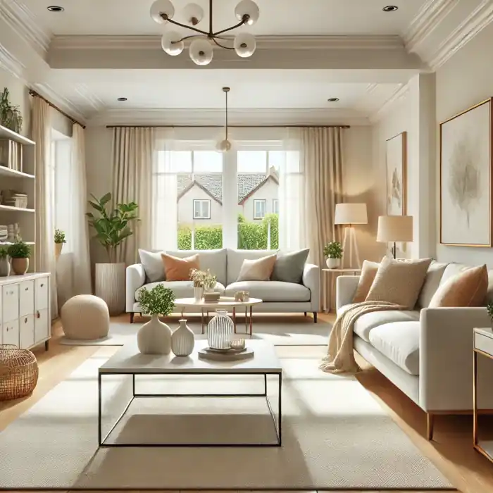 A neatly organized and decluttered living room staged for a home sale.